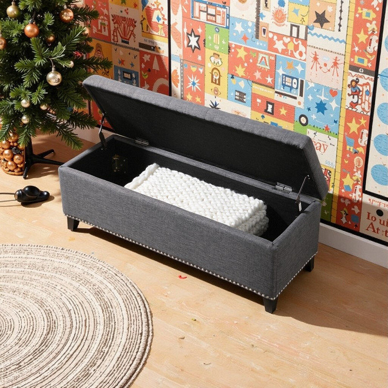 Banc de rangement avec repose-pieds de 47,5 po avec charnière de sécurité et support jusqu'à 500 lb, Gris
