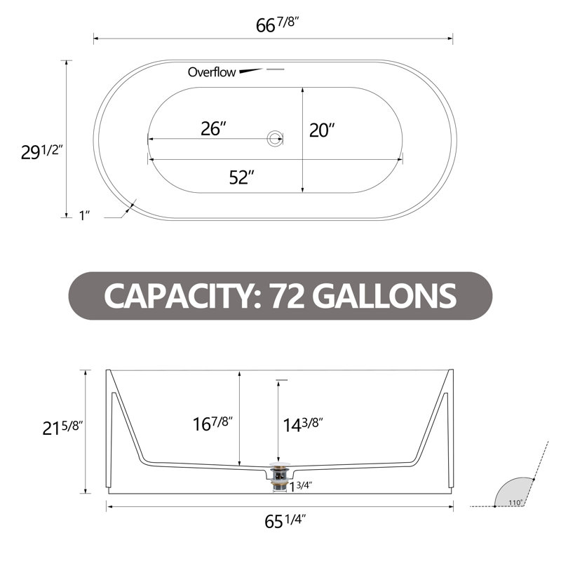Baignoire de trempage autoportante 67 po x 29,5 po à surface solide blanc mat avec trop-plein et bonde escamotable