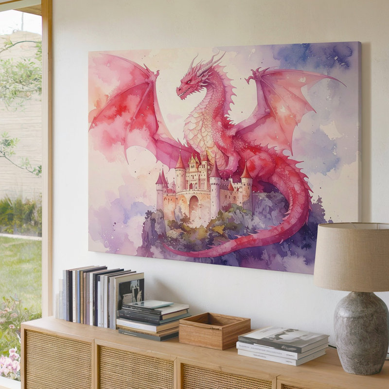 Toile, aquarelle, dragon et château, fantaisie fantaisiste, art mural, H 9 po x l 12 po
