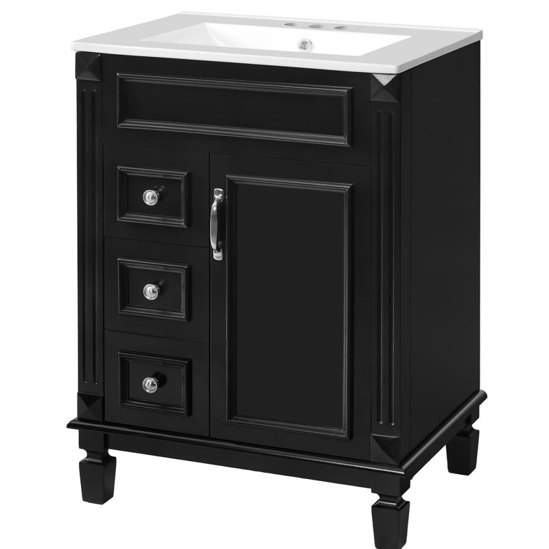 Meuble-lavabo de 24 po avec lavabo en céramique, 2 tiroirs, tablette ajustable, élégant et fonctionnel, convenant à un petit décor de 24 po avec charnières à fermeture douce et française, lavabo