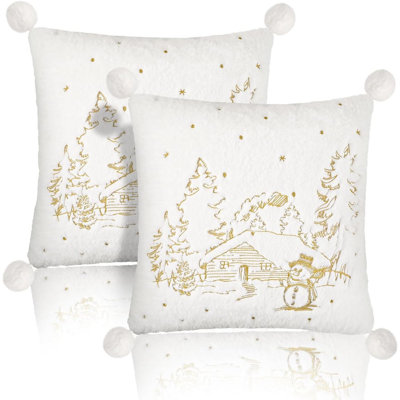 Housse de coussin décoratif, 18 x 18 pouces, ensemble de 2 taies décoratives en fausse fourrure douce avec boule en peluche, jolie housse de coussin décorative en forme de cabane de bonhomme de neige pour maison, salon, blanc