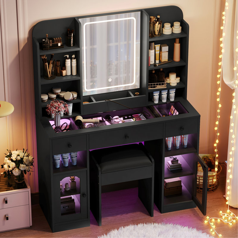 43.2" Vanity Desk With LED Mirror And Lights, Glass Top Vanity With RGB Glass Light Cabinets, Dressing Table With 3 Drawers ,Storage Shelves And Stool For Bedroom, Black