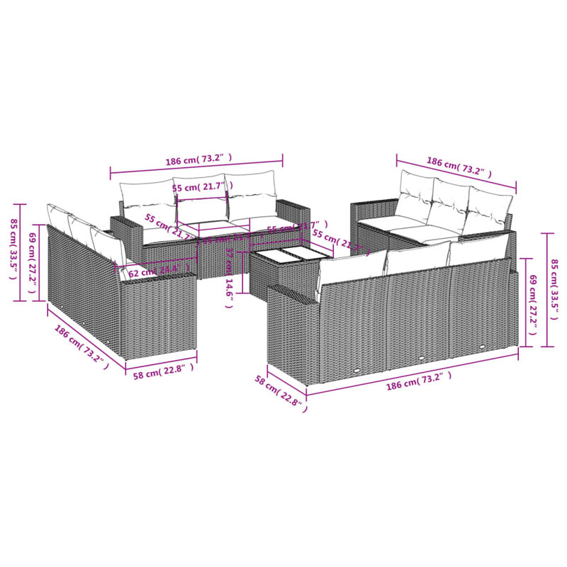 Vidaxl Garden Sofa Set Black PE Rattan Large Adjustable Feet
