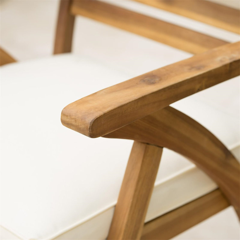 Ensemble repas d'extérieur 3 pièces en bois d'acacia avec coussins crème
