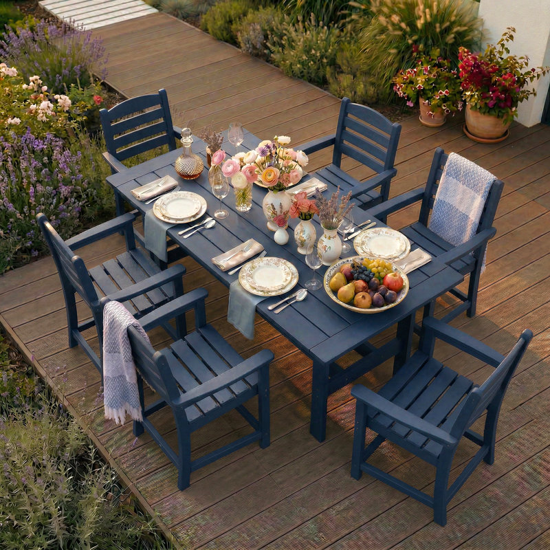 7-Piece HDPE Outdoor Dining Set | 1 Table + 6 Chairs | Weather-Resistant, UV-Stable & Eco-Friendly, Navy