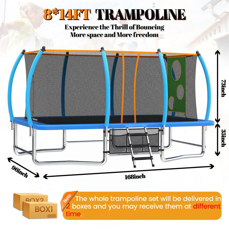 Long trampoline rectangulaire carré pour enfants adultes 8 x 14 pi, Blue