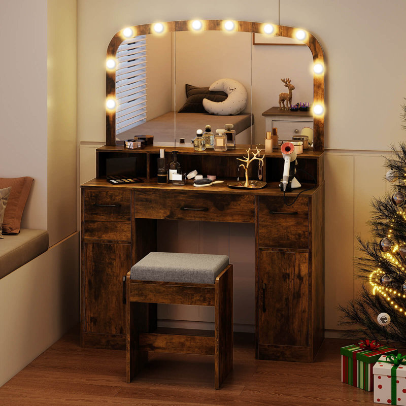 Vanity Desk Makeup Table with with Stool Large Mirror 3-Color Lights for Bedroom Brown, Brown
