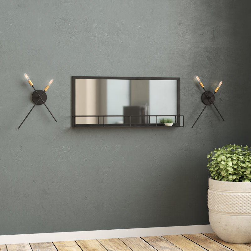Heider Metal Flat Mirror with Shelves, Black, 18" H x 40" W
