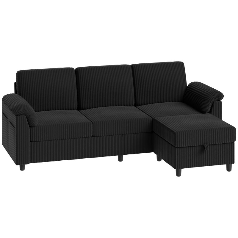 79" Upholstered L-Shaped Sofa with Ottoman , Black Corduroy