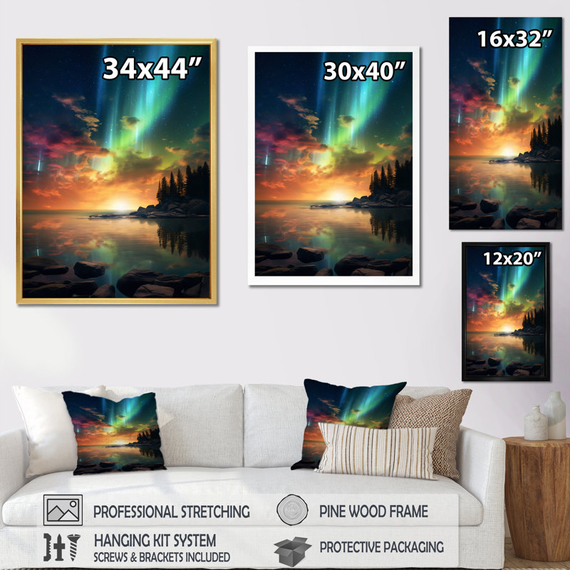 «Magical Aurora Borealis Artic Lake Serenity» sur impression sur toile, 44" H x 34" W, Cadre flottant doré