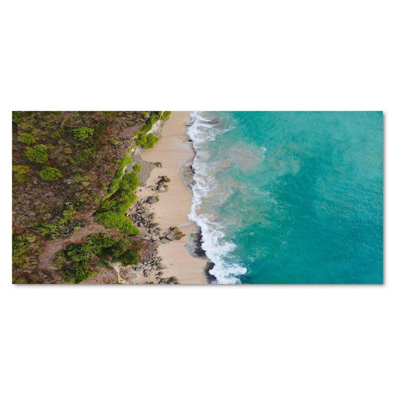Vue aérienne de la plage de l'île tropicale turquoise - reproduction sur toile, H 28 po x l 60 po, Toile tendue