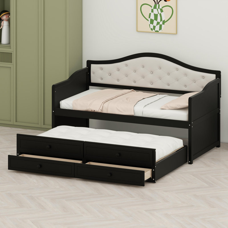 Versatile Sofa Bed Featuring Tufted Backrest, Trundle, and Built-In Storage, Black