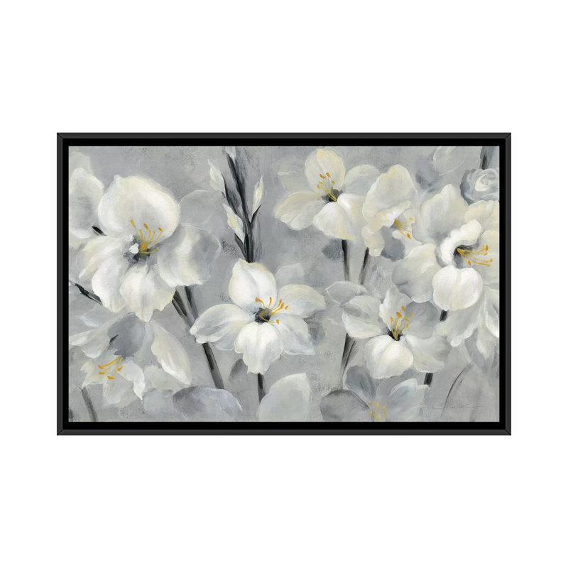 « fleurs on gray », reproduction sur toile, H 18 po x l 26 po x P 1,5 po, Toile avec cadre noir, Pas de tapis