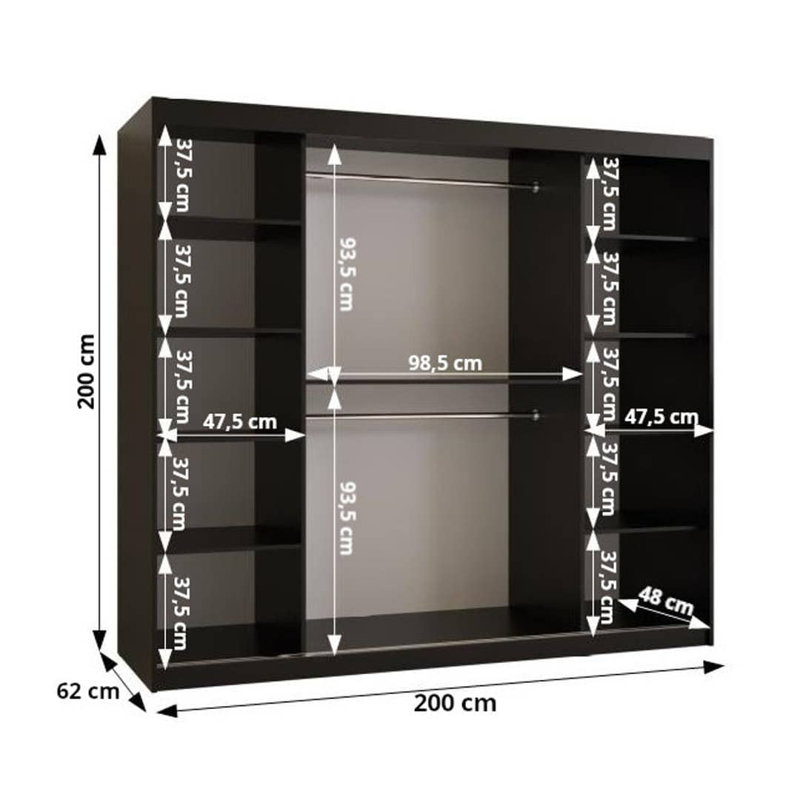Arroe 2 Door Manufactured Wood Wardrobe, 200cm H x 200cm W x 62cm D, Black