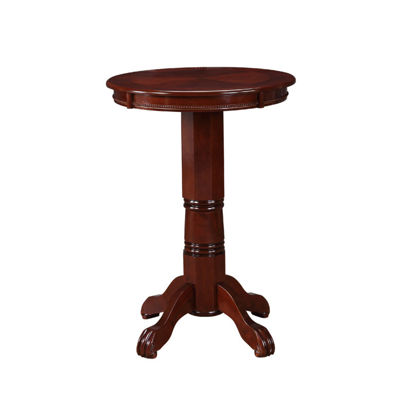Ava 42 Inch Wood Pub Bar Table, Sunburst Design, Carved Pedestal, Dark Brown, Dark Brown