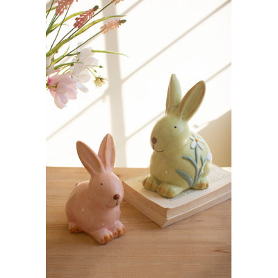  Faux Concrete Bunny Figurines Colorful 2x Set of 2 - 9" Tall