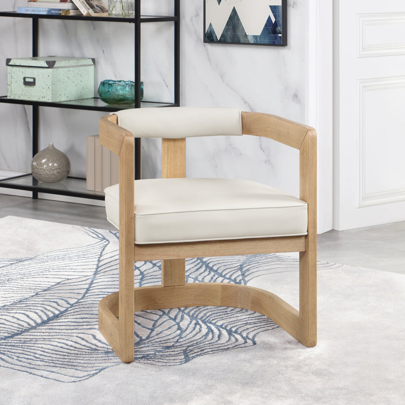 19.3'' H Upholstered Armchair, Cream Vegan Leather, Natural Wire Brush