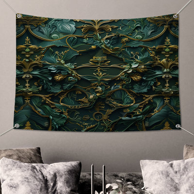 Ornate Green Floral Motif Wall Tapestry - Floral Wall Decor