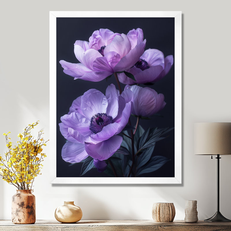 Décoration murale pivoines mauves et noires - Pivoines, Cadre blanc, H 24 po x l 32 po