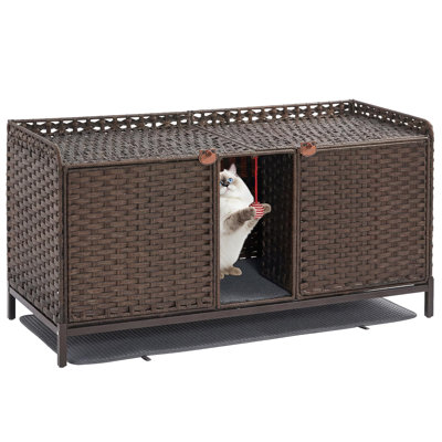 Double bac à litière pour chat - Meuble-lavabo en rotin tissé à la main pour 2 bacs à litière avec porte, tapis, crochets en S et pieds en métal - Maison de chat facile à nettoyer - brun