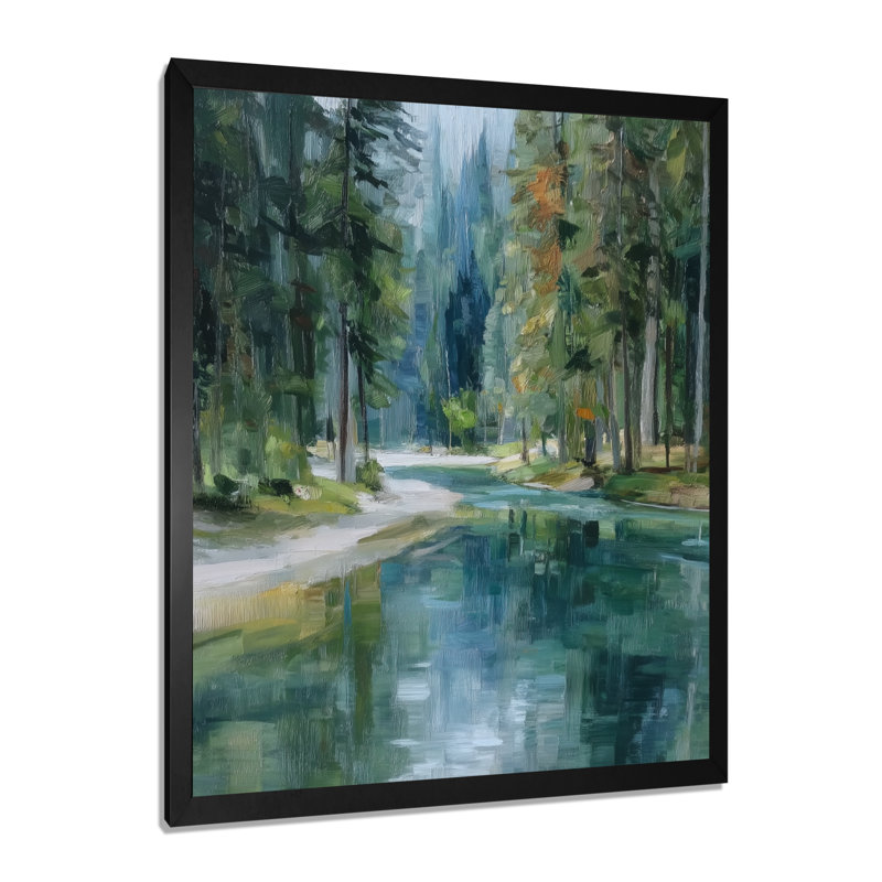 «Pine Trees Fraser River Calming Current», art sur toile, paysage vert, H 20 po x l 12 po, Cadre photo unique, Noir
