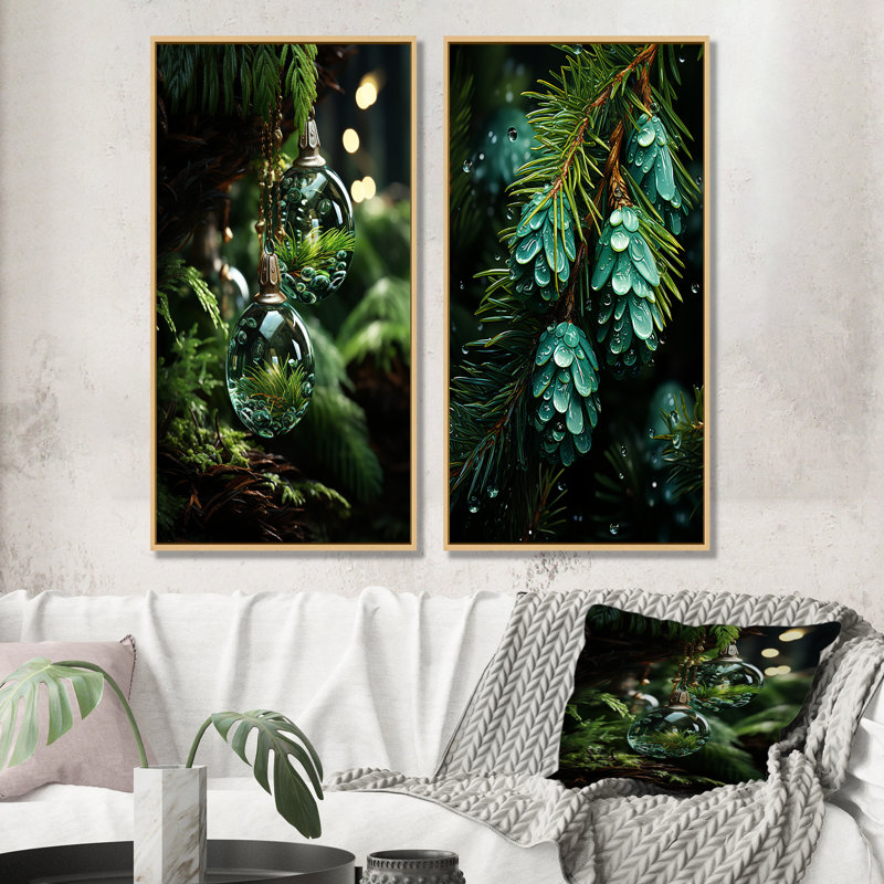 «Green Christmas Decoations Pine Tree I», ensemble d'art mural sur toile de pin, H 40 po x l 41 po, Encadrement brun