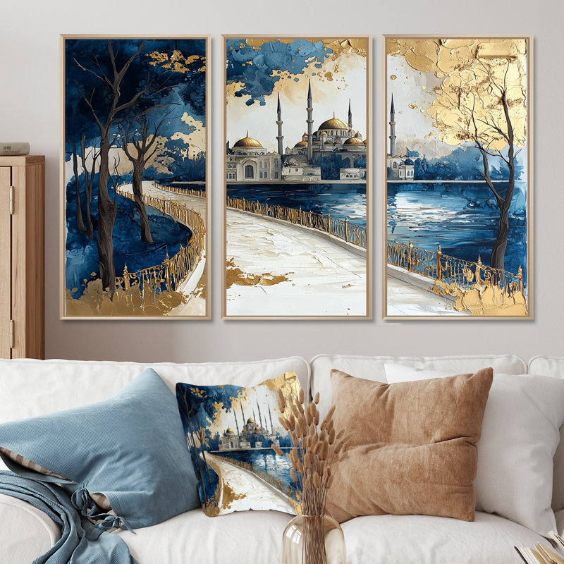 «Blue City», art mural bleu, paysage urbain d'Istambul, Toile naturelle avec cadre flottant, H 40 po x l 60 po x P 1 po