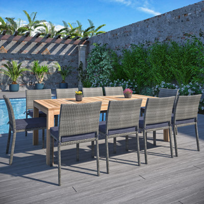 Brote 10 - Person Teak Solid Wood Patio Dining Set Umbrella Hole Included Rectangular Table with Cushions Included