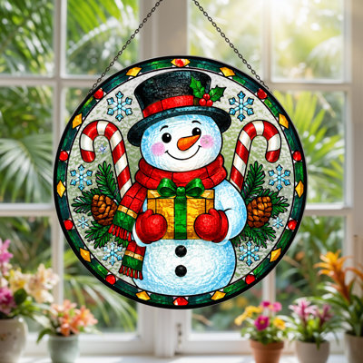 Stained Glass Snowman With Candy Canes Canvas Wall Art