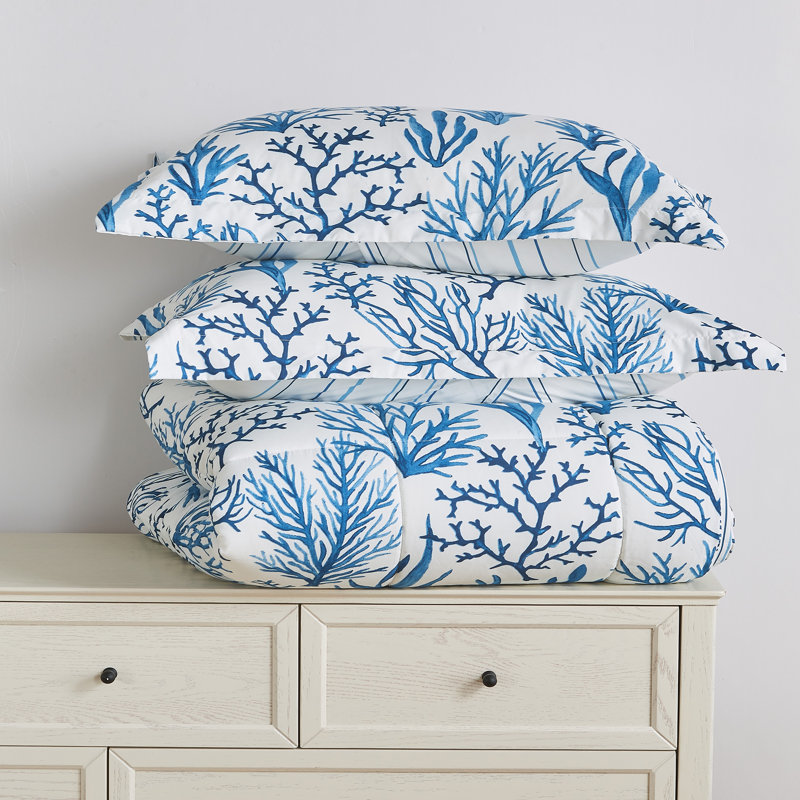 Twin Navy Sea Coral Print Reversible Microfiber Comforter Set