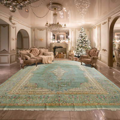 12x15 Hand Knotted Silk Sea Foam Kerman Traditional Plush Pile Rug