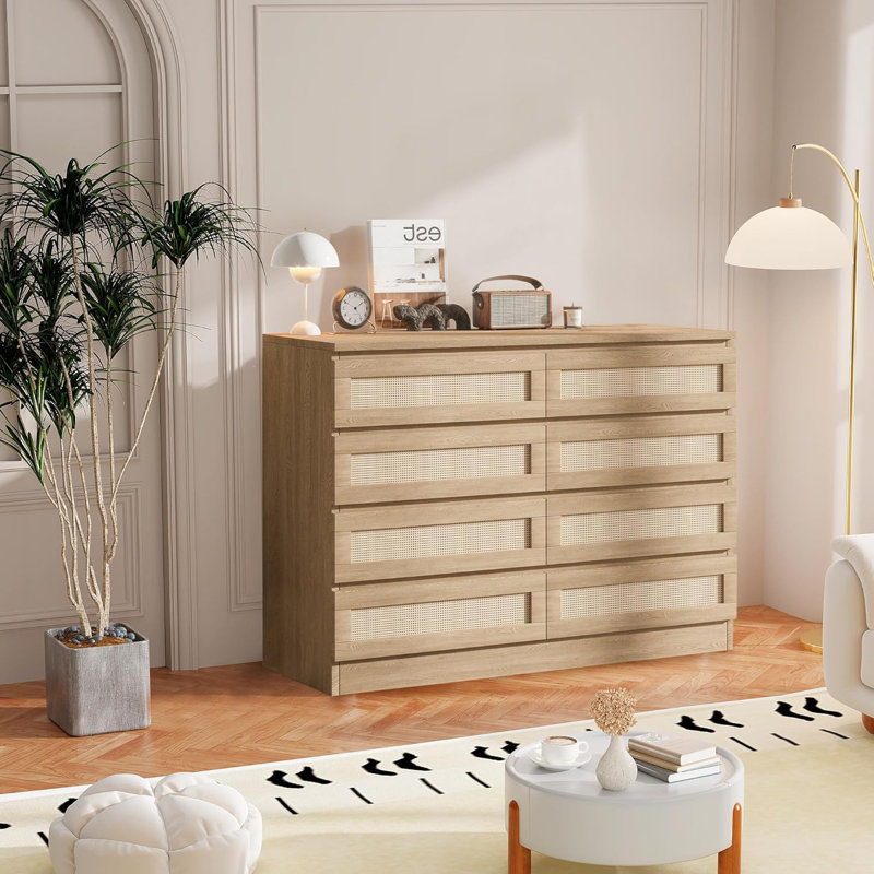8 Drawer Dresser, Wooden Rattan Dresser with Anti-Tip Device, White Dresser for Bedroom Living Room Hallway