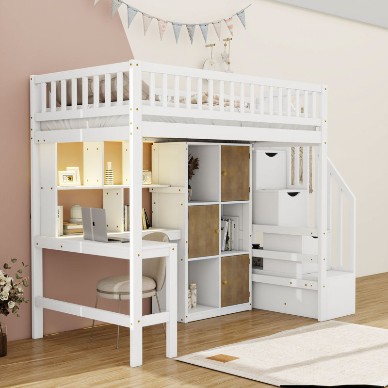 Lit mezzanine simple en bois avec bureau intégré, éclairage DEL et grand rangement, Blanc