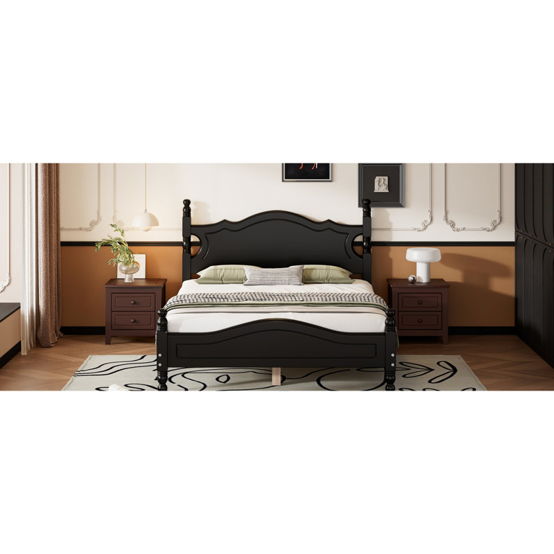 Structure de lit plateforme double en bois pleine grandeur avec lattes robustes en noir et lattes en bois massif