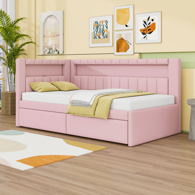Twin Upholstered Daybed with Built-In USB Ports, LED Lighting and Storage Drawers, Pink