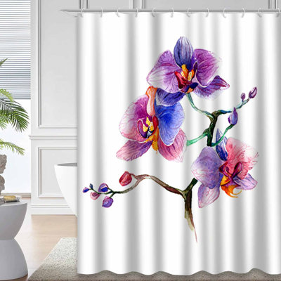 New Orchid Watercolor Drawn White Floral Flower Tropical Shower Curtain with 12 Hooks