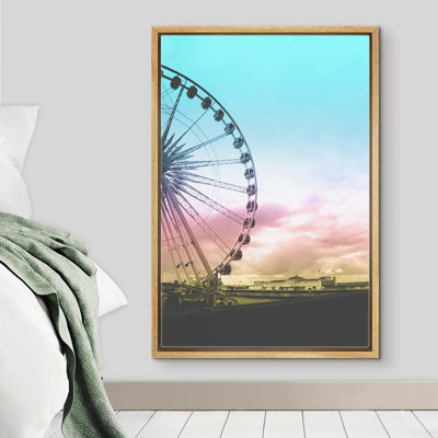 Signature signée, impression sur toile encadrée, vue de la grande roue et coucher de soleil bleu, rose et jaune, photographie de plage, art moderne, nautique, décor pour le salon, la chambre à coucher, le bureau - 16 po x 24 po - noir
