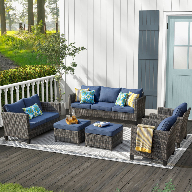 Lovall Premium All-Weather Wicker 9 - Person Patio Conversation Set with Cushions, Denim Blue