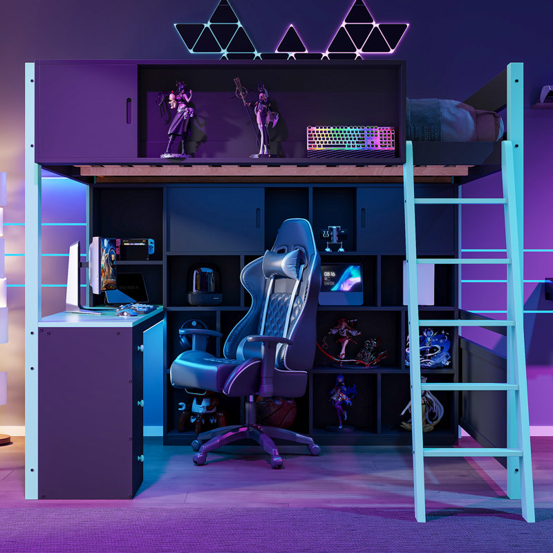 Lit mezzanine double pleine grandeur avec bureau, tiroirs de rangement et lumière DEL pour travailler, jouer et étudier, bleu