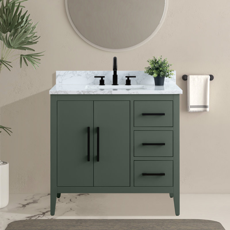 Meuble-lavabo simple 36 po avec plateau en marbre Chambery, Vert rétro, Noir mat