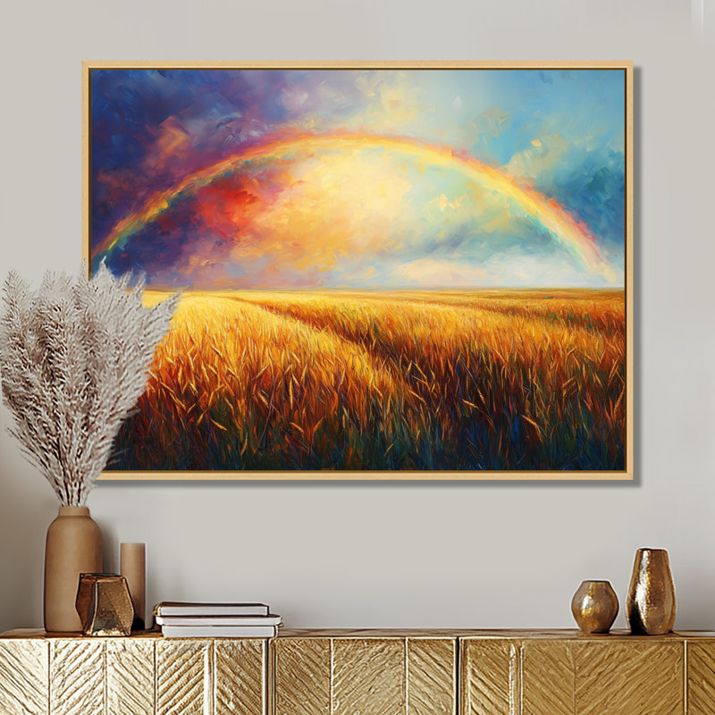 «Countryside Rainbow Over The Wheat Fields II», art mural arc-en-ciel pour le salon, H 12 po x l 20 po, Cadre crème crème