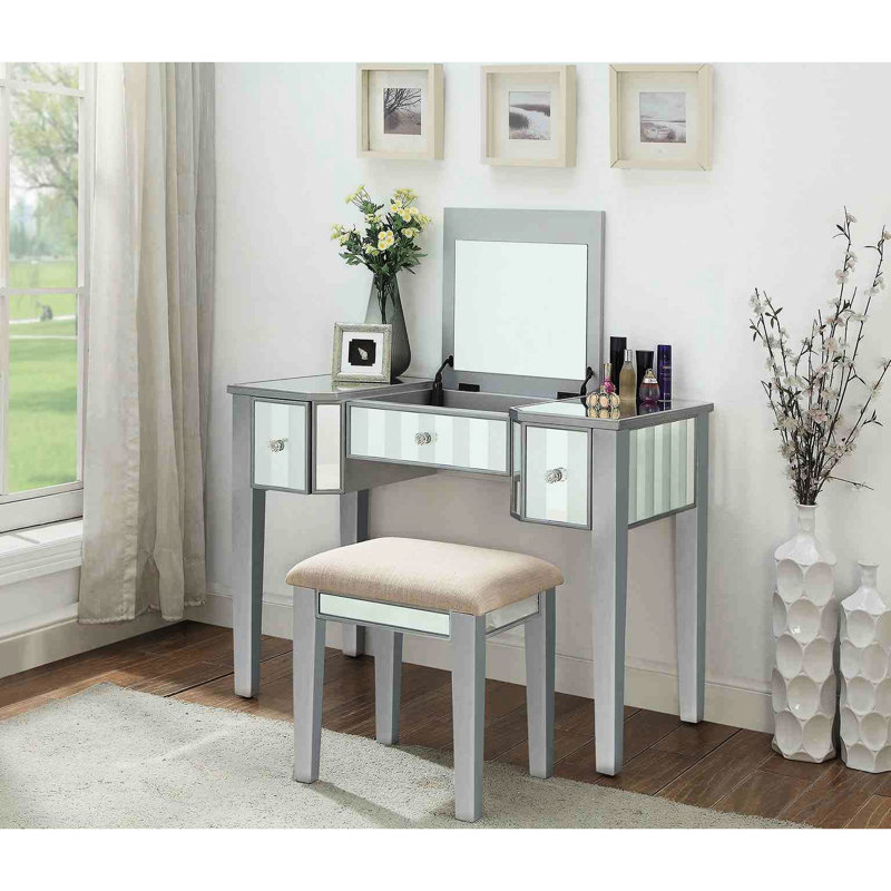 Coiffeuse de style transitionnel avec tabouret, idée de maquillage en bois massif, 3 tiroirs de rangement, miroir central de 5 mm, finition argentée, idée de décoration de chambre 1 pièce et schéma de caractéristiques, schéma alternatif