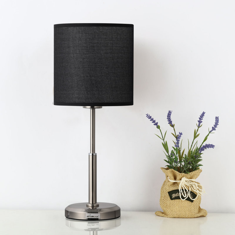 Lampe de table de chevet en acier brossé avec abat-jour en tissu noir et petites lampes en métal noir