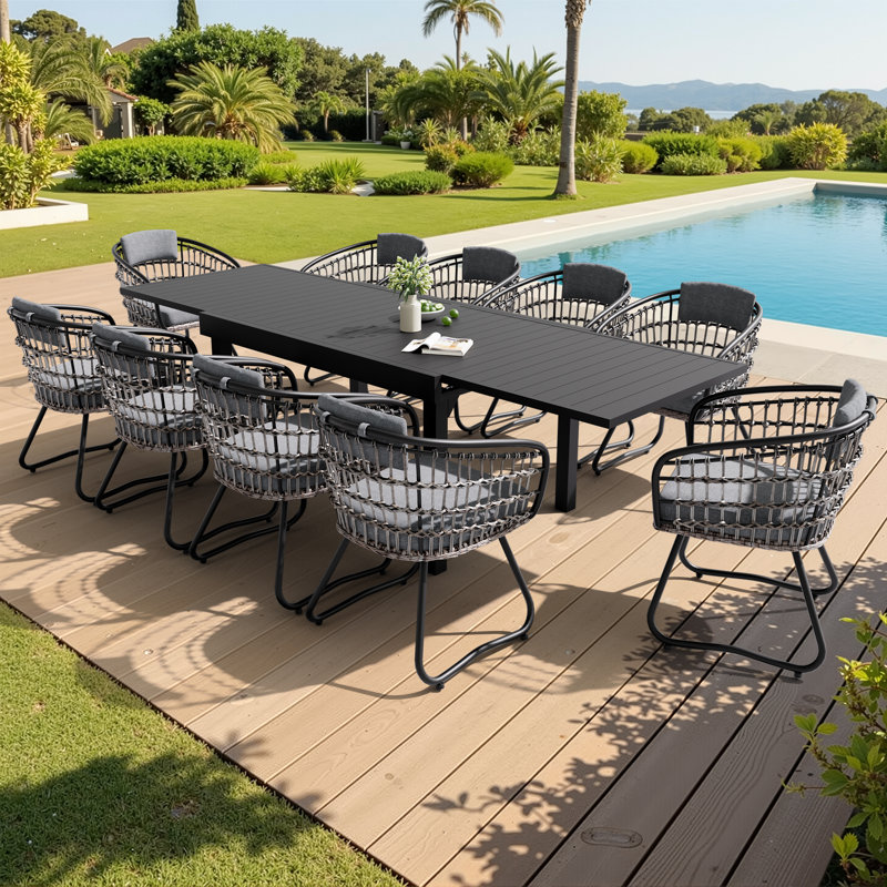 Warran 10 - Person 106’’L Patio Dining Set with Grey Cushions and Extendable Aluminum Table, Grey