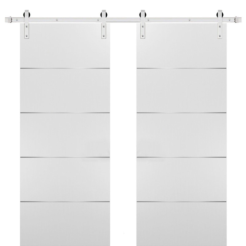 Portes de grange coulissantes doubles avec quincaillerie | Planum 0020 | Ensemble de 13 cintres robustes | Porte de salle de bain de chambre à coucher moderne à panneau solide - Rail argenté