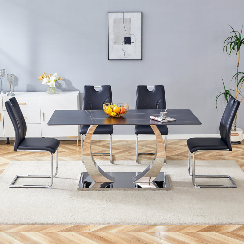 Ensemble de table de salle à manger 7 pièces avec base en métal, 5, Blanc, Argent argent