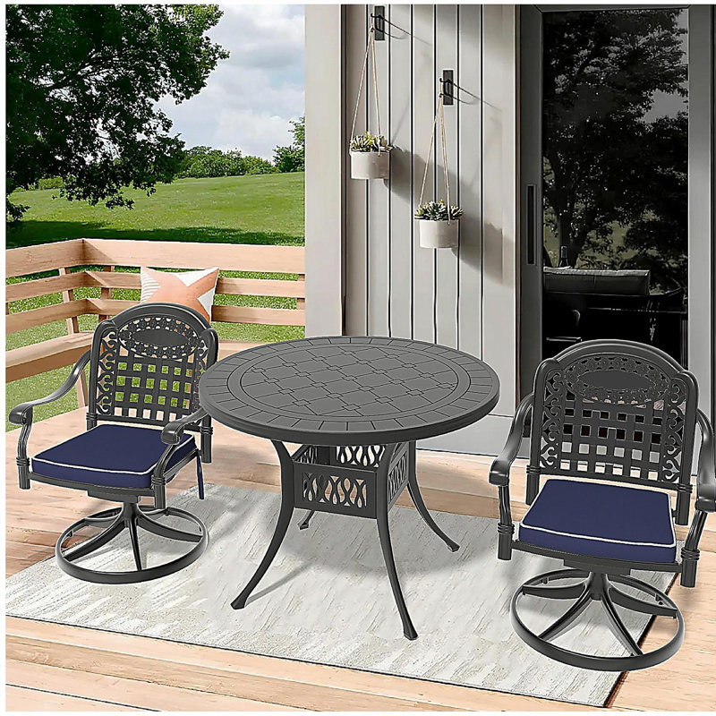 3-Piece All-Weather Cast Aluminum Dining Set, Include 2 Swivel Chairs and 39.37" Round Table With Black Frame