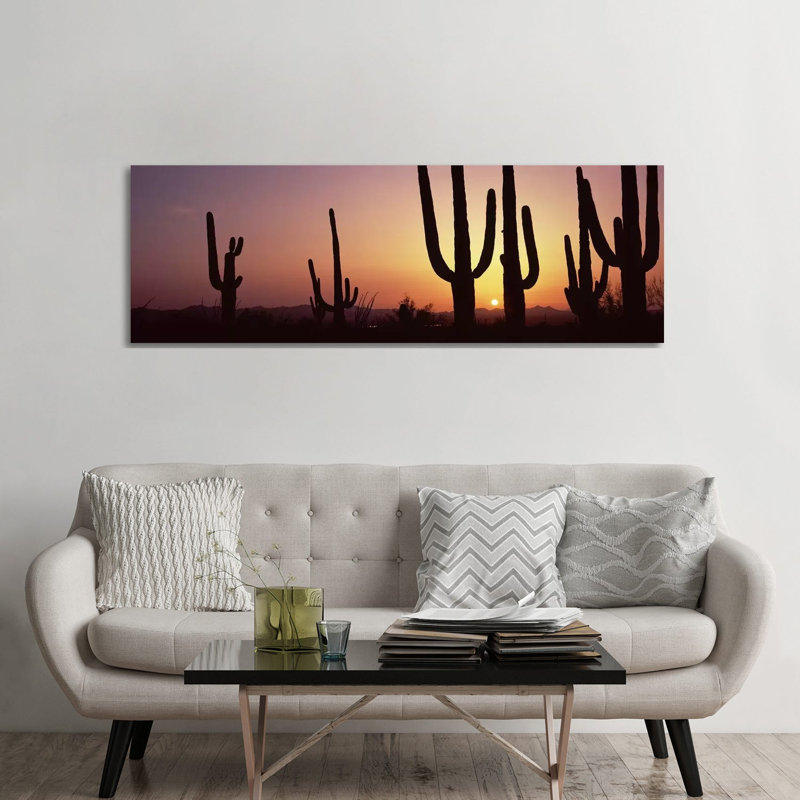 Silhouette Of Saguaro Cacti (Carnegiea Gigantea) On A Landscape, Saguaro National Park, Tucson, Pima County, Arizona, USA - Wrapped Canvas Panoramic Print