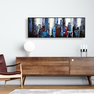 Abstract Blue City - Industrial Gray Framed Canvas Art
