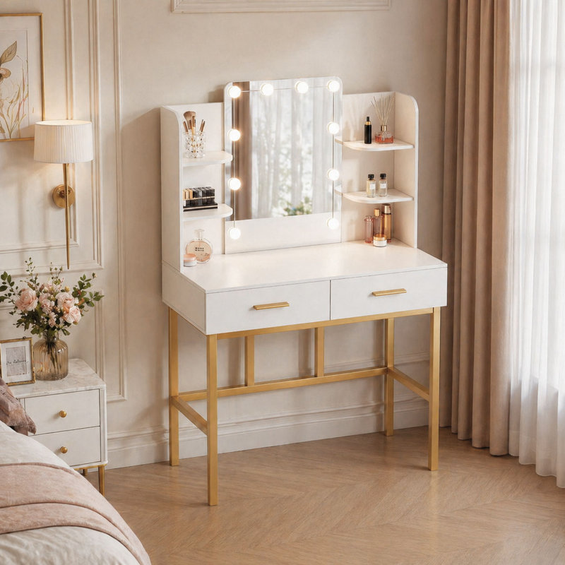Make up Vanity with Lighted LED Mirror & 2 Drawers, Makeup Vanity Desk, White and Gold